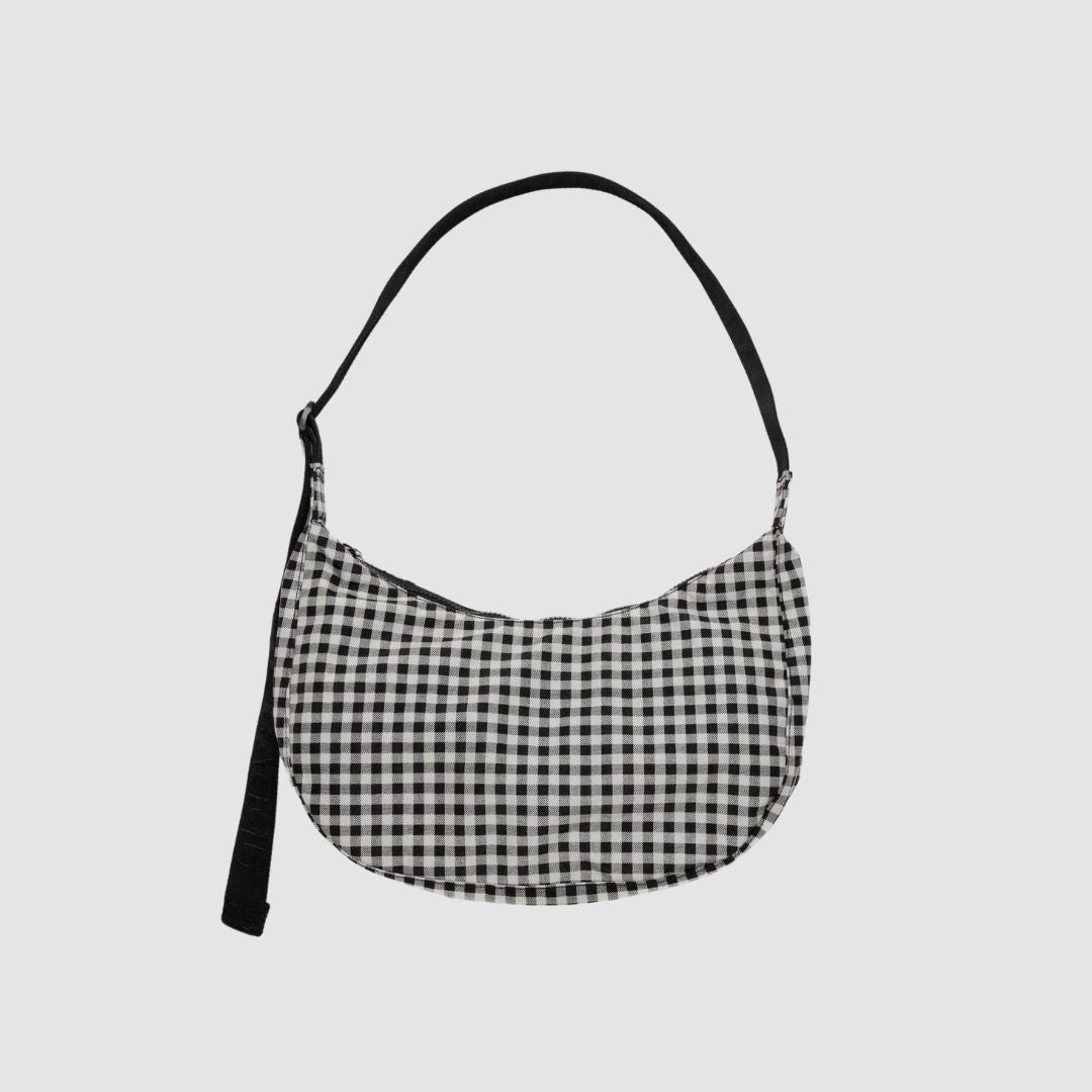 BAGGU Medium Nylon Crescent Bag - Black & White Gingham