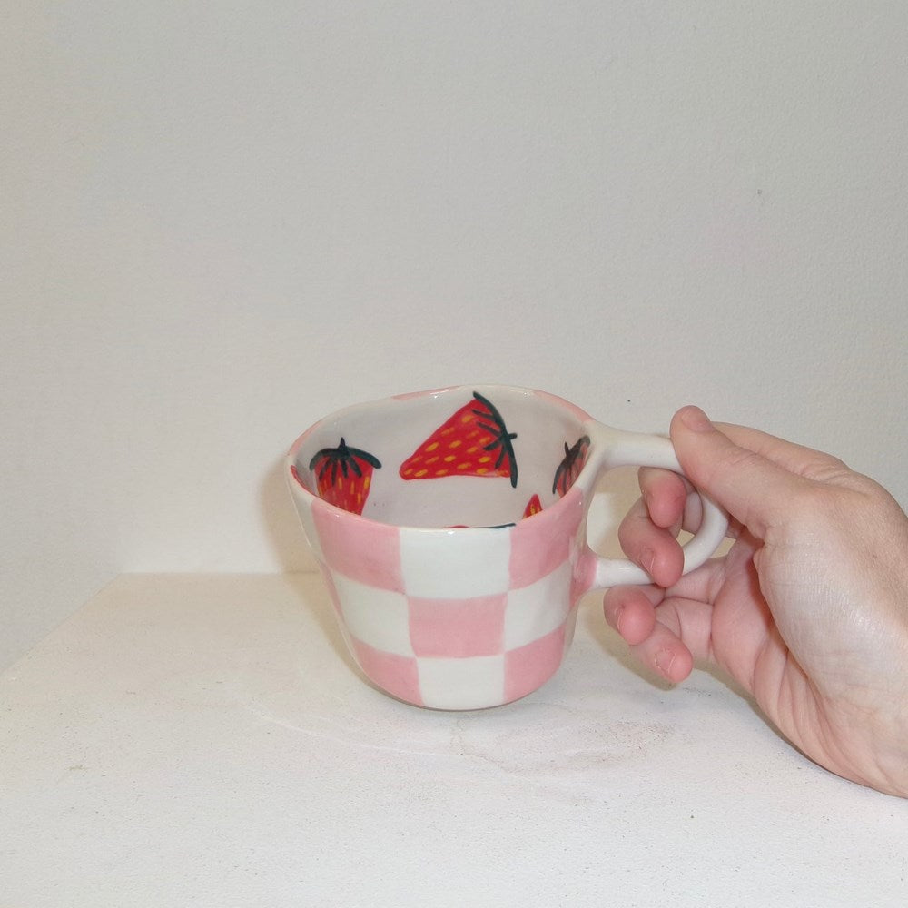 Pink Checker Mug with Strawberries x Posy Ceramics