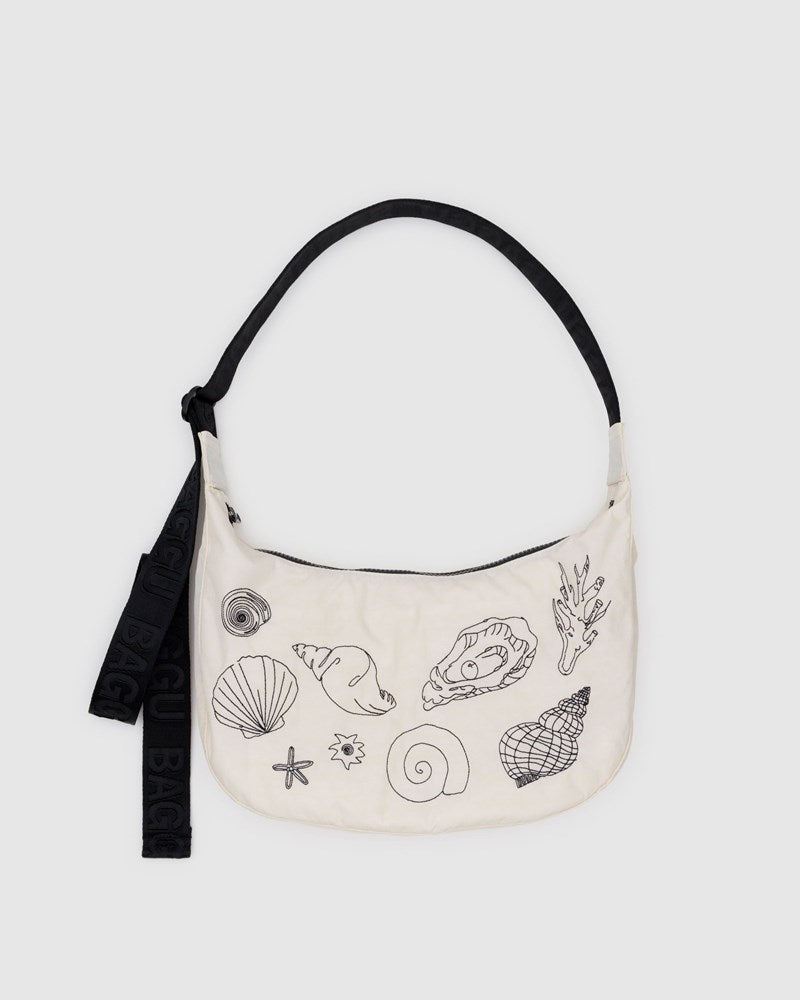 Medium Nylon Crescent Bag - Embroidered Shells