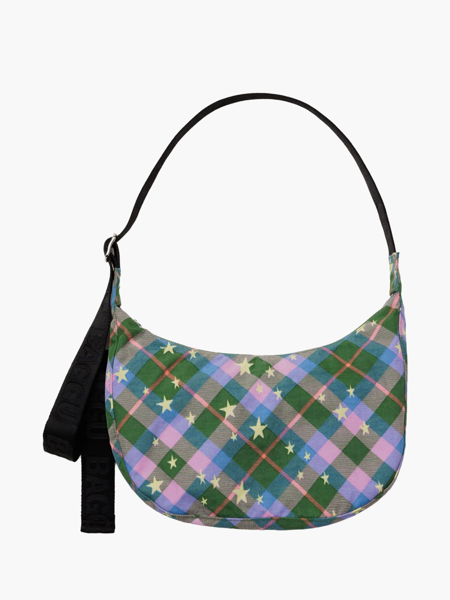 Medium Nylon Crescent Bag - Green Star Plaid