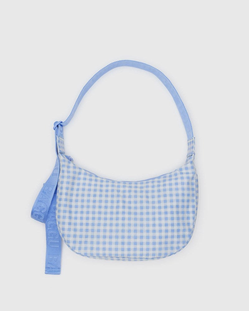 Medium Nylon Crescent Bag - Light Blue Gingham