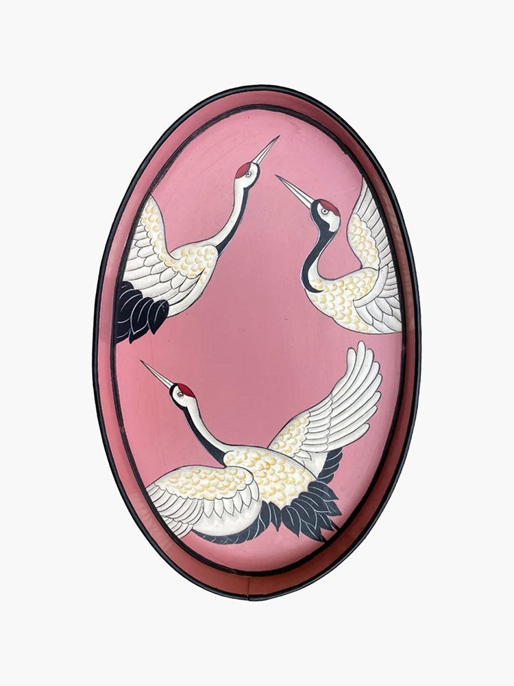 Hand-painted Oval Iron Tray - Pink Cranes