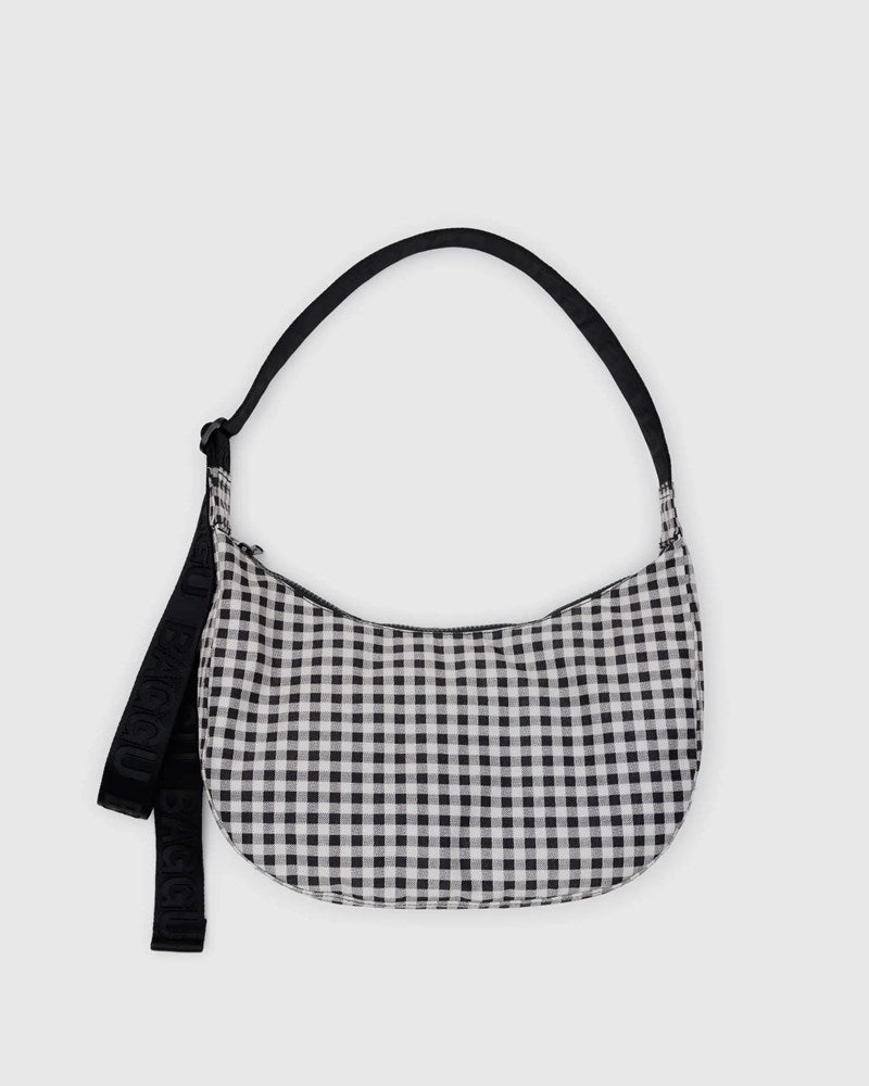 Medium Nylon Crescent Bag - Black & White Gingham