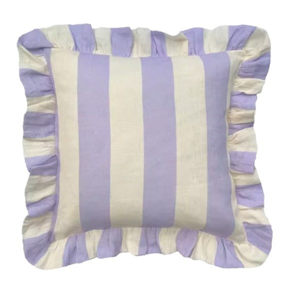 Ruffled Linen Cushion Cover - Lilac Stripe