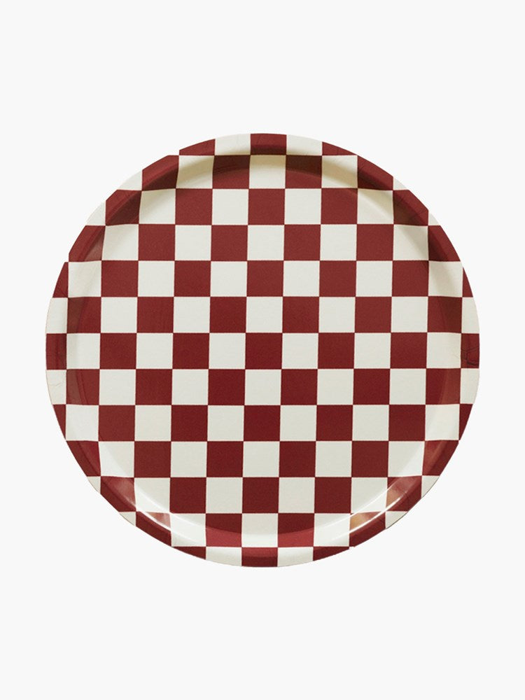 Checker Round Serving Tray - Burgundy & Cream (31cm)