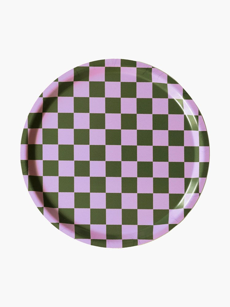 Checker Round Serving Tray - Lilac & Olive (31cm)